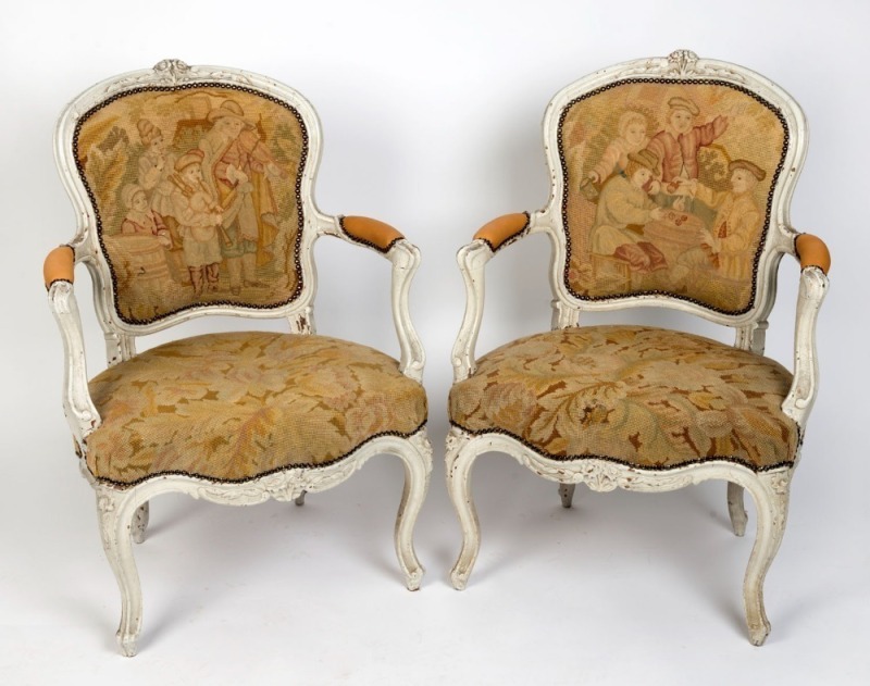 LOUIS XVI pair of antique bergeres with cream-painted finish and tapestry upholstery, 18th century, 92cm high x 64cm across the arms