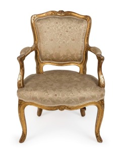 Antique Italian carved gilt armchair with brocade upholstery, 18th/19th century, 81cmhighx59cm across the arms