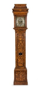 JOSEPH KNIBB rare William and Mary period English longcase clock in floral Dutch marquetry case with oyster and figured walnut veneers and oval bullseye lenticle to the trunk door, 17th century