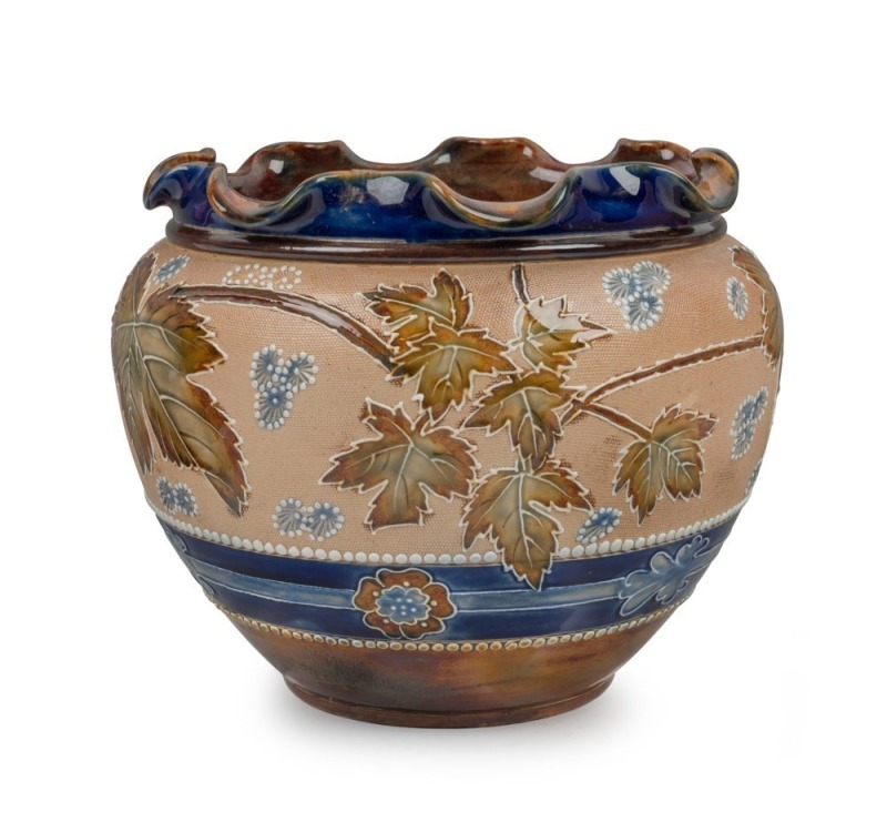 DOULTON LAMBETH pottery jardiniere with leaf decoration, 19th/20th century, impressed factory mark to base, 19cm high