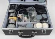 HASSELBLAD 500EL medium-format SLR camera [#TTE 9322], c. late 1960s, in 43.5 x 34.5 x 17.5cm flight case with an immaculately preserved array of Hasselblad camera system elements, including three lenses (Planar 80mm f2.8, Sonnar 150mm f4, and Sonnar 250m - 2