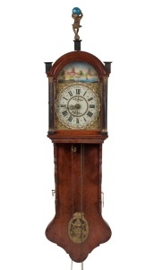 Antique Dutch Friesian wall clock with weight driven alarm movement and hand-painted dial, 18th/19th century, ​​​​​​​150cm high