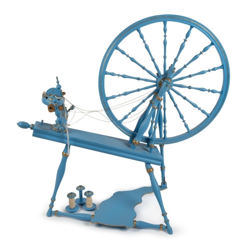 An antique Swedish spinning wheel with blue painted finish, 19th century. Featured on the front cover of "UNDERSTANDING THE SPINNING WHEEL" by Eric Corran. 100cm high