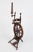 An antique German parlour spinning wheel, turned and stained beech with carved bone and porcelain decoration, 19th century, 116cm high - 2