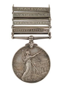The QUEEN'S SOUTH AFRICA MEDAL with clasps for RELIEF OF LADYSMITH, TUGELA HEIGHTS, LAINGS NEK and TRANSVAAL, named to 4819 COR'L J.E. STOREY. W. YORK: REG'T.