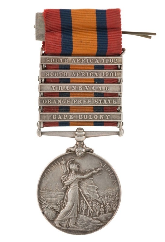 The QUEEN'S SOUTH AFRICA MEDAL with clasps for CAPE COLONY, ORANGE FREE STATE, TRANSVAAL, SOUTH AFRICA 1901 and 1902; named to 6708 PTE. B.E. O'DARE. RL: INNIS: FUS: The Royal Inniskilling Fusiliers were an Irish line infantry regiment of the British Arm