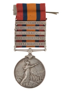 The QUEEN'S SOUTH AFRICA MEDAL with clasps for CAPE COLONY, ORANGE FREE STATE, TRANSVAAL, SOUTH AFRICA 1901 and 1902; named to 6708 PTE. B.E. O'DARE. RL: INNIS: FUS: The Royal Inniskilling Fusiliers were an Irish line infantry regiment of the British Arm