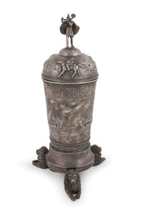 "SANDEMAN POKALEN 1923" impressive Danish sterling silver inaugural equestrian trophy cup adorned with Viking figures, long boats and cast lion feet, stamped "MICHELSEN, 1923" with three tower Copenhagen mark and work master's monogram, 37cm high, 1,428 grams. PROVENANCE: Awarded to Sir Malcolm Campbell, thence by descent.