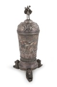 "SANDEMAN&nbsp;POKALEN&nbsp;1923" impressive Danish sterling silver inaugural equestrian​​​​​​​ trophy cup adorned with Viking figures, long boats and cast lion feet, stamped "MICHELSEN, 1923" with three tower Copenhagen mark and work master's monogram, 37cm high, 