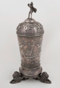 "SANDEMAN&nbsp;POKALEN&nbsp;1923" impressive Danish sterling silver inaugural equestrian​​​​​​​ trophy cup adorned with Viking figures, long boats and cast lion feet, stamped "MICHELSEN, 1923" with three tower Copenhagen mark and work master's monogram, 37cm high, - 2