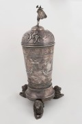 "SANDEMAN&nbsp;POKALEN&nbsp;1923" impressive Danish sterling silver inaugural equestrian​​​​​​​ trophy cup adorned with Viking figures, long boats and cast lion feet, stamped "MICHELSEN, 1923" with three tower Copenhagen mark and work master's monogram, 37cm high, - 3