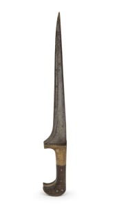 CHOORA antique Afghan knife with cast brass mount and wooden handle inlaid with copper and silver, 19th century, 36cm long