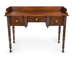 An antique Scottish tray back mahogany three drawer servery table with fine ring turnings, early 19th century, ​​​​​​​94cm high, 123cm wide, 52cm deep