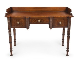 An antique Scottish tray back mahogany three drawer servery table with fine ring turnings, early 19th century, 94cm high, 123cm wide, 52cm deep