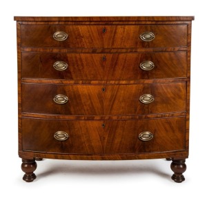 An antique Scottish mahogany bow fronted chest of five drawers with cross banded top, circa 1830, 105cm high, 107cmwide, 55cm deep