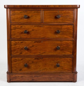 An antique English mahogany chest of five drawers with D corners, made in two sections, 19th century, 134cm high, 127cm wide, 58cm deep