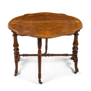 An antique English burr walnut Sutherland table, 19th century, 66cm high, 91cm wide, 18cm deep (97cm extended)
