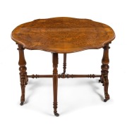 An antique English burr walnut Sutherland table, 19th century, ​​​​​​​66cm high, 91cm wide, 18cm deep (97cm extended)
