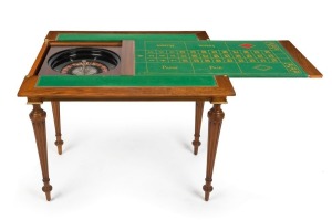 BOX-TABLE antique French walnut games table with flip top and casino top interior, 19th/20th century, fitted with three drawers with sliding lids containing numerous gaming pieces. Bearing Parisian maker's label. 74cm high, 90cm wide, 51cm deep