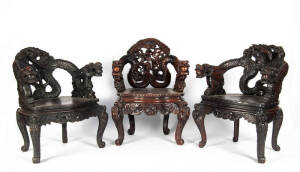 Three Japanese dragon phoenix armchairs, 20th century, 89.5cm high, 67cm wide