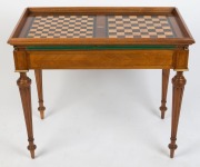 BOX-TABLE antique French walnut games table with flip top and casino top interior, 19th/20th century, fitted with three drawers with sliding lids containing numerous gaming pieces. Bearing Parisian maker's label. 74cm high, 90cm wide, 51cm deep - 4