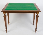 BOX-TABLE antique French walnut games table with flip top and casino top interior, 19th/20th century, fitted with three drawers with sliding lids containing numerous gaming pieces. Bearing Parisian maker's label. 74cm high, 90cm wide, 51cm deep - 5