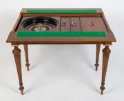 BOX-TABLE antique French walnut games table with flip top and casino top interior, 19th/20th century, fitted with three drawers with sliding lids containing numerous gaming pieces. Bearing Parisian maker's label. 74cm high, 90cm wide, 51cm deep - 7