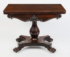 An antique English rosewood fold-over card table, circa 1845, ​​​​​​​71cm high, 90cm wide, 45cm deep (90cm open)