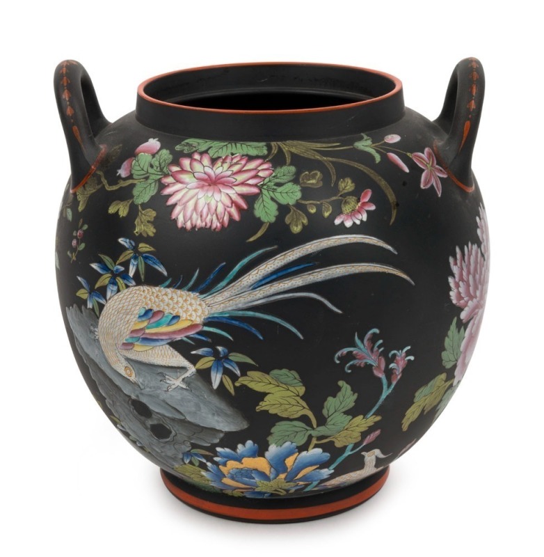 WEDGWOOD chinoiserie antique English basalt porcelain vase, beautifully decorated with enamel in the Chinese style, 19th century, Note: Missing lid, impressed mark to base, 19cm high, 19cm wide