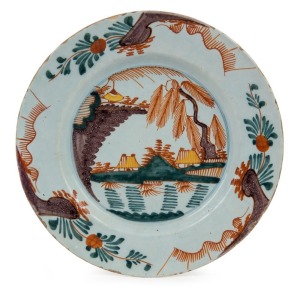 An antique English Delft ware plate with four coloured glaze, 17/18th century, ​​​​​​​24cm diameter