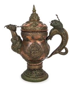 An antique Tibetan pot with dragon and lion decoration, copper and brass, 19th century, 58cm high