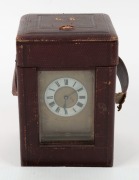 An antique French Anglais&nbsp;cased carriage clock, eight day time and gong striking movement with push button repeat, manufactured by E. M. & Co., enamel chapter ring with Roman numerals and gilt dial mask, English retailer's name, original Moroccan leather - 2