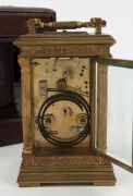 An antique French Anglais&nbsp;cased carriage clock, eight day time and gong striking movement with push button repeat, manufactured by E. M. & Co., enamel chapter ring with Roman numerals and gilt dial mask, English retailer's name, original Moroccan leather - 3