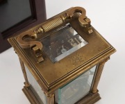 An antique French Anglais&nbsp;cased carriage clock, eight day time and gong striking movement with push button repeat, manufactured by E. M. & Co., enamel chapter ring with Roman numerals and gilt dial mask, English retailer's name, original Moroccan leather - 4
