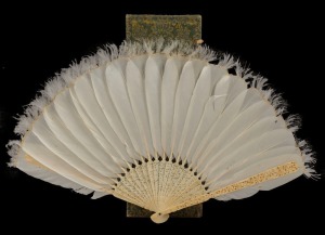 An antique Chinese carved ivory and feather fan in original fitted silk lined box, 19th century, 28cm high