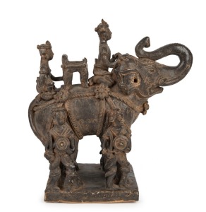 Antique War Elephant with riders and soldiers, brown glazed stoneware, Si Satchanalai, Thailand, 16th/17th century. 35cm high, 33cm long, 19cm deep, (weight 5kg).