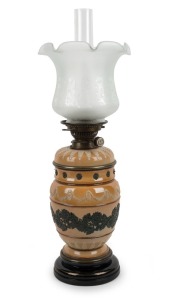 DOULTON LAMBETH antique English pottery oil lamp with No.2 Hink's single white button Duplex burner, (later shade and chimney), 19th century, 62cm overall