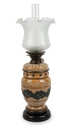 DOULTON LAMBETH antique English pottery oil lamp with No.2 Hink's&nbsp;single white button Duplex burner, (later shade and chimney), 19th century, 62cm overall
