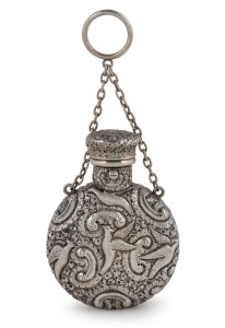 A beautiful antique English sterling silver scent bottle, handsomely adorned with birds and floral decoration, by Walter Thornhill of London, circa 1887, 8cm high