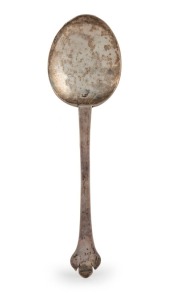 CHARLES II silver trefid spoon, 17th century, engraved "G. B., 1681, E. S.", maker's marks rubbed, 19.5cm long, 34 grams