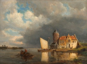 PIETER CHRISTIAN DOMMERSEN (active 1865–1913), (Dutch coastal scene with fisherman), oil on mahogany panel, signed lower left "P. C. Dommersen, 1880", 28 x 37.5cm, 47 x 57cm overall