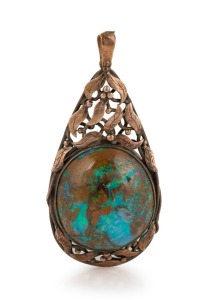 RHODA WAGER stunning Art Deco pendant, sterling silver with rose gold finish, adorned with spectacular large polished spherical boulder opal, 6cm high overall