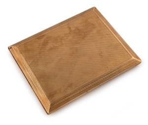 A vintage 9ct gold cigarette case with engine turned engraved finish, stamped "375", 10.5cm wide, 146 grams