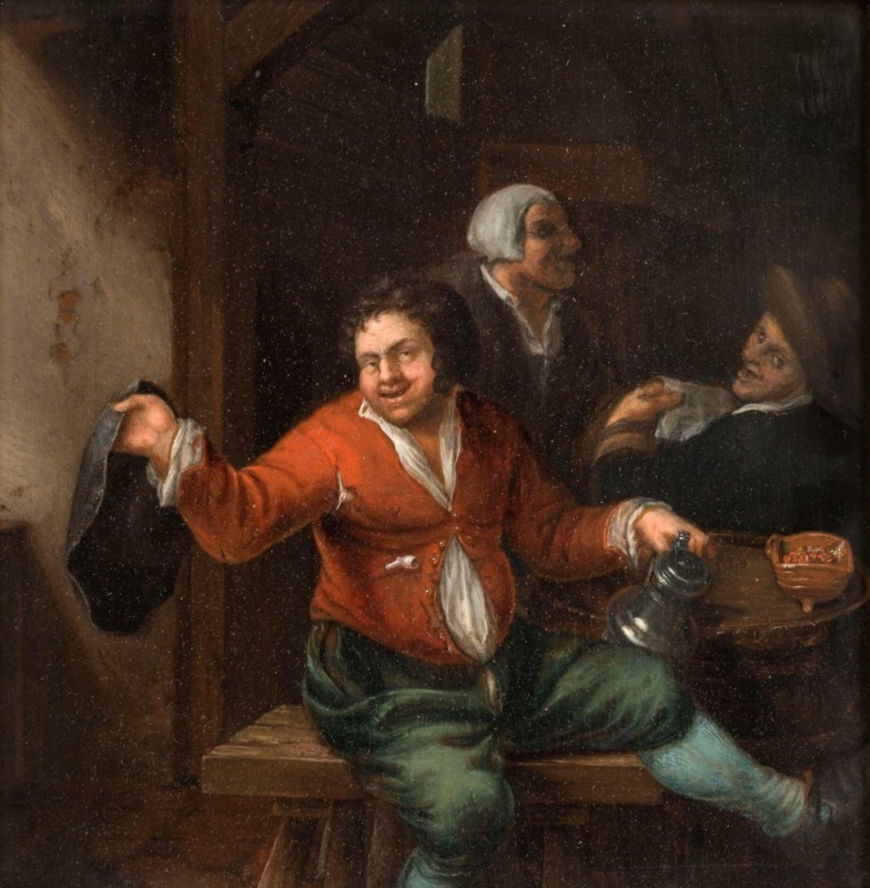 ARTIST UNKNOWN (Dutch School), (tavern scene), 19th century, oil on oak panel, ​​​​​​​20 x 20cm, 35 x 35cm overall