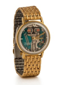 BULOVA "ACCUTRON SPACEVIEW" early and rare battery operated wristwatch with unusual skeletonized dial, in gold plated case with stainless steel back and gold plated bracelet, circa 1969. 