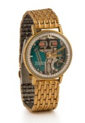 BULOVA&nbsp;"ACCUTRON SPACEVIEW" early and rare battery operated wristwatch with unusual skeletonized dial, in gold plated case with stainless steel back and gold plated bracelet, circa 1969.&nbsp;