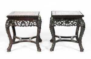 A pair of Chinese square hardwood marble top tables, each with a pierced apron, circa 1900, 47.5cm high, 44cm square