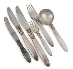 GEORG JENSEN "Cactus" pattern Danish sterling silver cutlery set for six places, designed by GUNDORPH ALBERTUS in 1930, (42 pieces), oval factory marks, 1,100 grams ​​​​​​​silver weight not including knives
