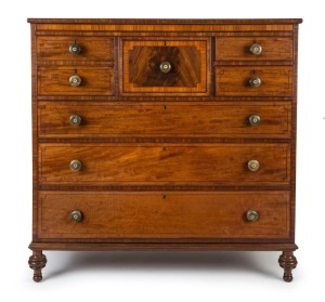 A fine antique Scottish chest of seven drawers, mahogany with ebony string inlay and satinwood cross-banding with original horn and mother of pearl inlaid knobs, original separate base with turned feet, circa 1830, 123cm high, 125cm wide, 57cm deep
