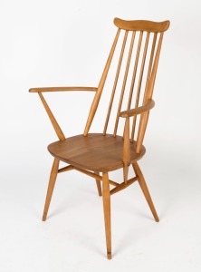 ERCOL beech and ash spindle back armchair, 96cm high, 61cm across the arms